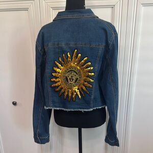 Allegra K Blue Denim Jacket with Gold Medusa Patch